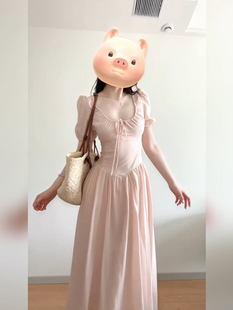 减龄茶歇长裙子 XZY 欣争艳 胖mm法式 温柔风粉色方领连衣裙女夏季