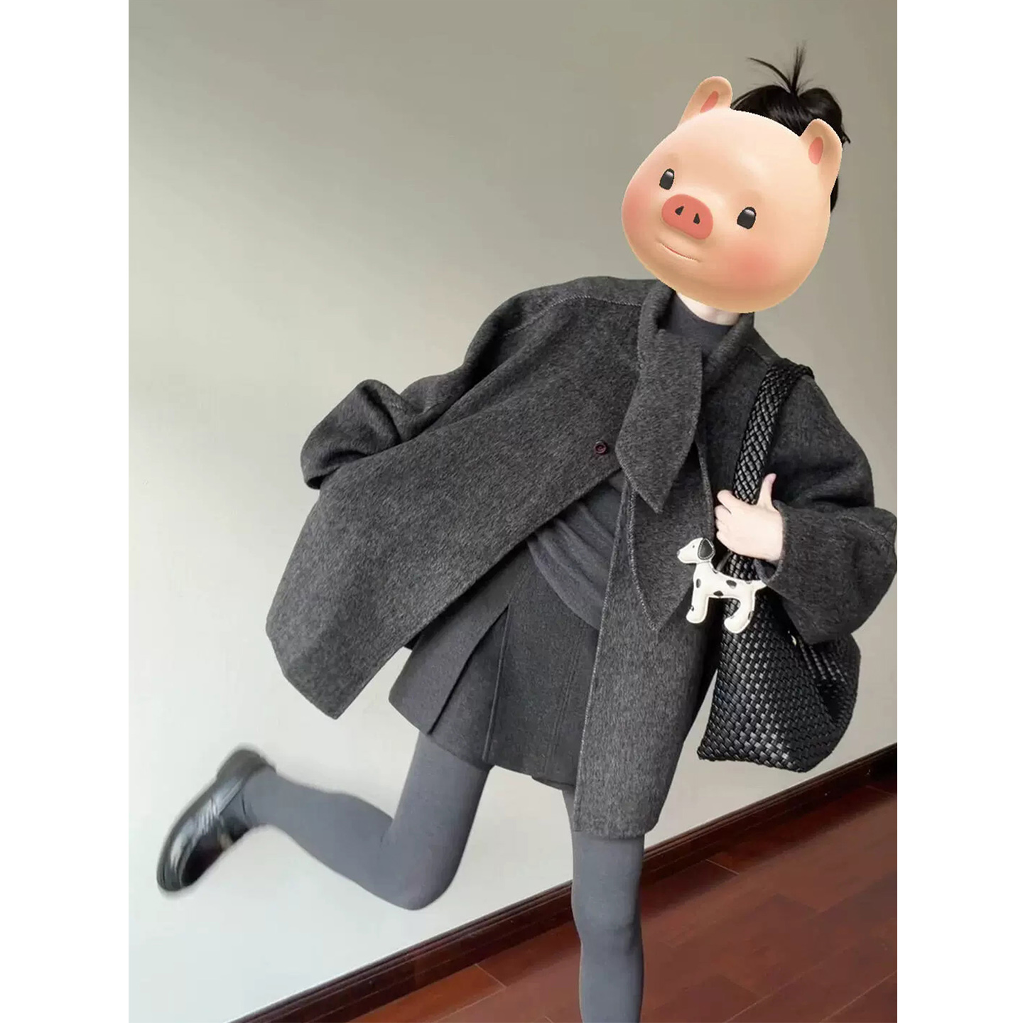 微胖韩系兔耳朵围脖灰色毛呢外套