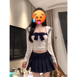 XZY 微胖韩版学院风海军领针织开衫女冬季蝴蝶结抹胸百褶裙三件套
