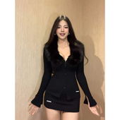 XZY 性感包臀半裙套装 微胖纯欲辣妹修身 深V毛领针织上衣25年冬季