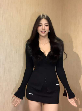 XZY 微胖纯欲辣妹修身深V毛领针织上衣25年冬季性感包臀半裙套装