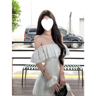 微胖温柔甜美一字肩蕾丝花边连衣裙女25年夏季 XZY 掐腰显瘦短裙子