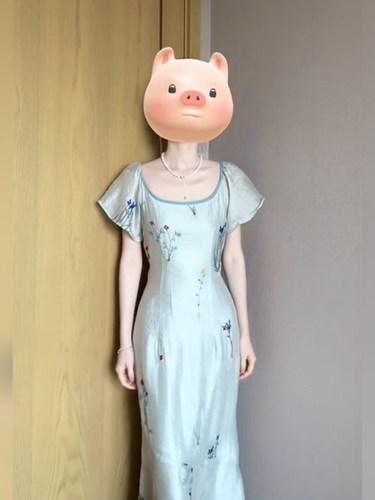 胖mm复古轻国风蓝色印花连衣裙