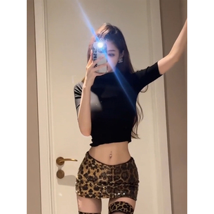 辣妹豹纹包臀裙套装 半高领上衣女25年夏季 微胖御姐风性感修身 XZY