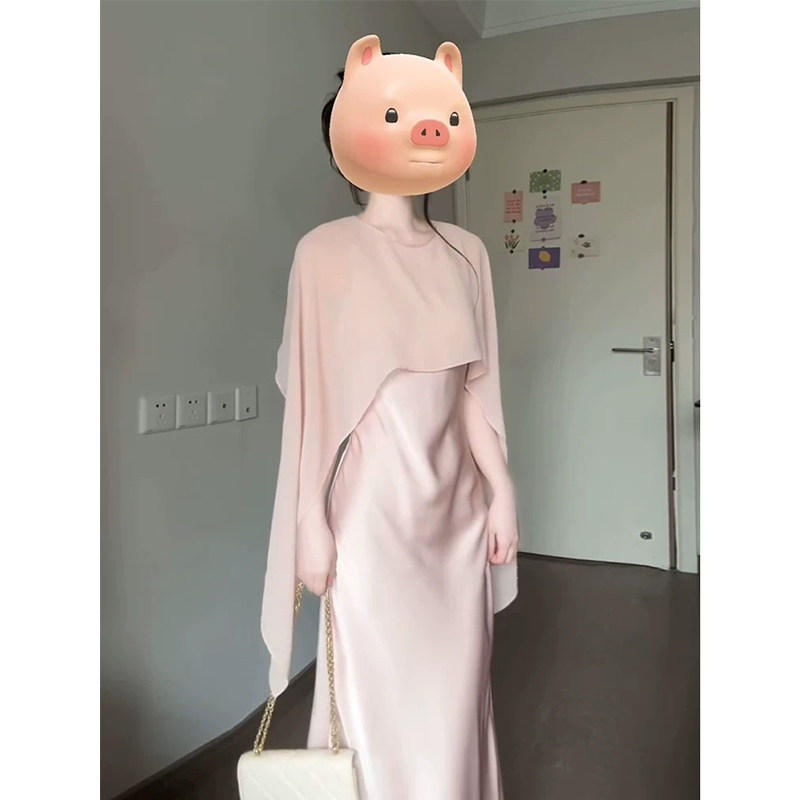 XZY 微胖名媛气质粉色披肩假两件连衣裙女26年夏季缎面礼服长裙子