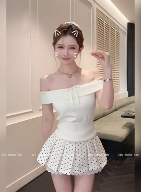 XZY 微胖纯欲风甜美一字肩收腰针织上衣女25年夏波点百褶裙两件套