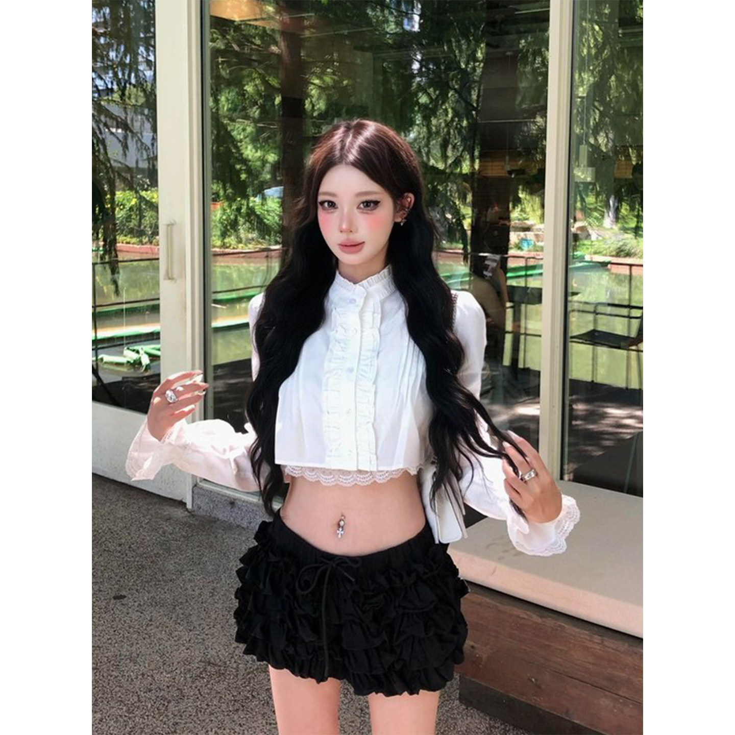 甜辣妹蕾丝拼接短款衬衫26年女图片