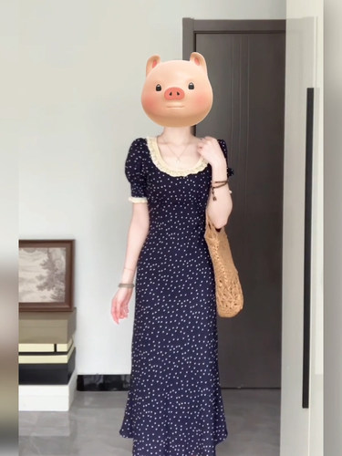 胖mm茶歇气质U领花边波点连衣裙