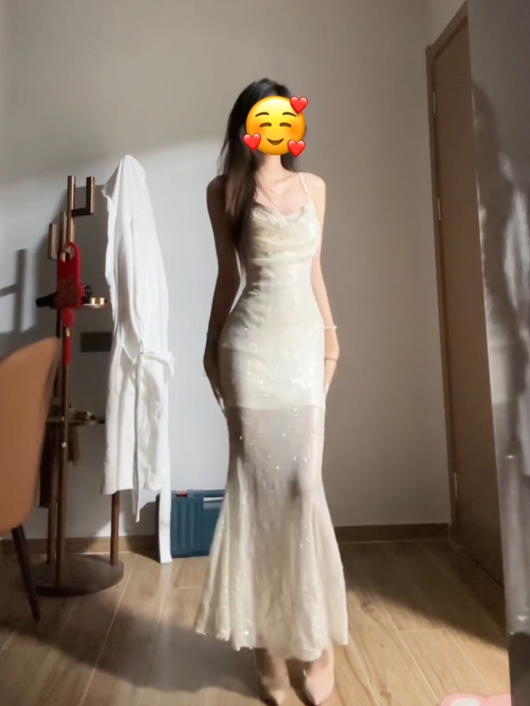 微胖mm辣妹修身亮片吊带鱼尾裙