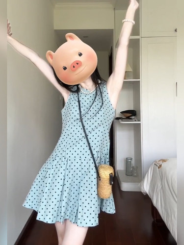 微胖mm韩系甜美无袖波点连衣裙