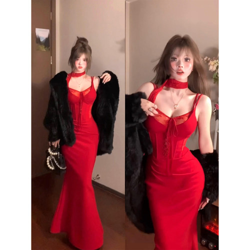 微胖辣妹性感收腰红色鱼骨吊带裙