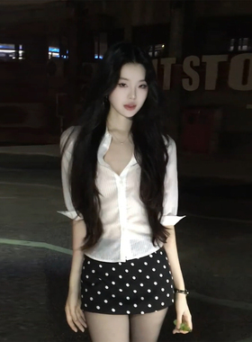 XZY 微胖纯欲辣妹修身微透白色长袖衬衫女25年夏波点包臀裙裤套装