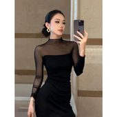 XZY 收腰黑色包臀长裙 微胖御姐性感修身 网纱拼接连衣裙女25年秋季