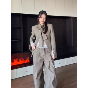套装 XZY 高腰格纹阔腿长裤 外套女25年冬季 微胖老钱风气质通勤西装