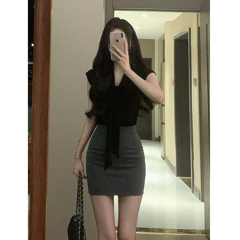 微胖御姐纯欲风无袖系带短袖上衣