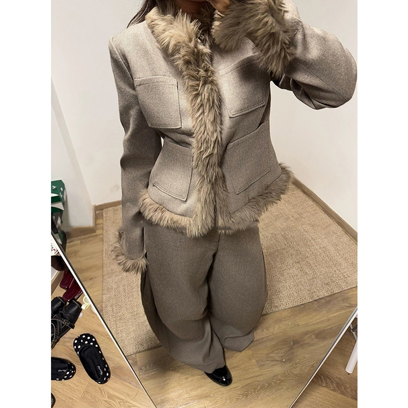 XZY 微胖复古小香风毛毛拼接夹克外套女25年冬季高级感阔腿裤套装,女装/女士精品,大码套装,淘宝优惠券,粉丝福利购,淘宝优惠卷