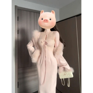 外套 宽松毛毛短款 XZY 微胖温柔气质粉色蕾丝拼接连衣裙女25年冬季