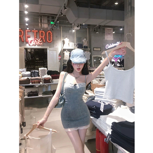 微胖纯欲辣妹蕾丝拼接牛仔吊带裙女25年夏季 XZY 紧身性感包臀短裙