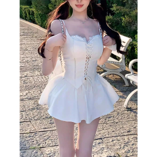 白色蓬蓬短裙套装 XZY 微胖纯欲甜辣妹镂空系带吊带上衣女25年夏季