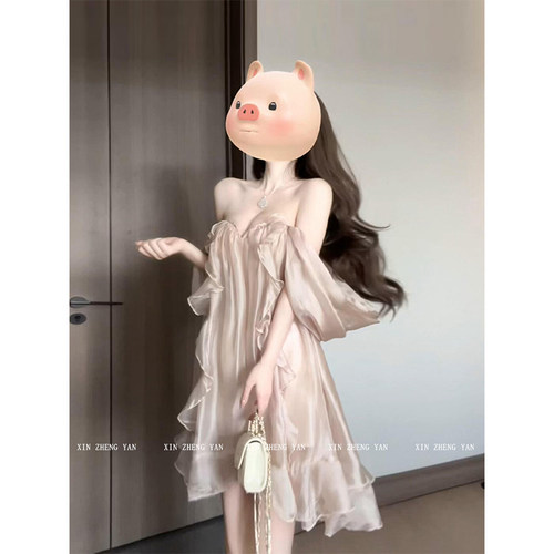 微胖mm温柔仙气荷叶边抹胸连衣裙