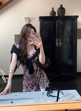 XZY 微胖复古纯欲V领紫色豹纹连衣裙女25年夏季辣妹露背收腰短裙