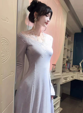 XZY 微胖温柔风气质紫色蕾丝V领连衣裙女25年冬季修身内搭针织裙