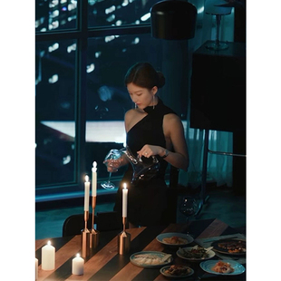 XZY 微胖法式气质露背挂脖飘带连衣裙女赵露思同款性感黑色晚礼服