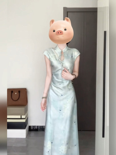 胖mm新中式复古蓝色印花旗袍裙