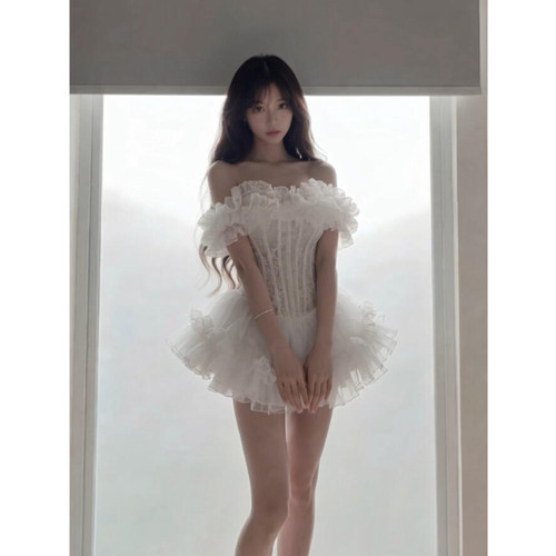 微胖法式甜美重工立体花朵抹胸裙