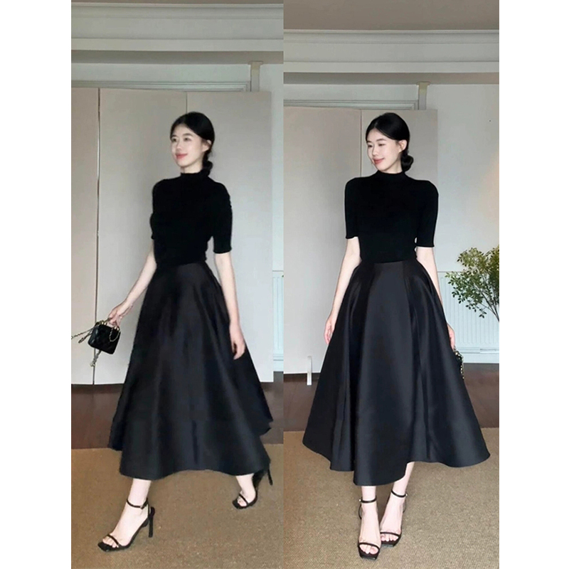 微胖法式赫本风高腰A字大摆伞裙