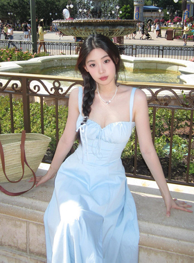 XZY/欣争艳 胖mm法式甜美清新蓝色吊带连衣裙女夏季显瘦度假长裙