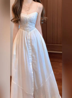 XZY/欣争艳 胖mm法式气质白色开叉吊带连衣裙女夏高级感掐腰长裙