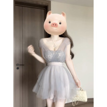 XZY 微胖名媛气质交叉肩带v领连衣裙女25年夏季收腰网纱蓬蓬短裙