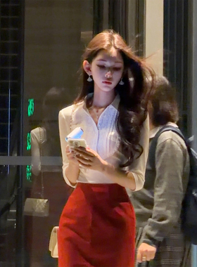 XZY 微胖御姐轻熟风修身木耳花边衬衫女25年冬季红色包臀半裙套装