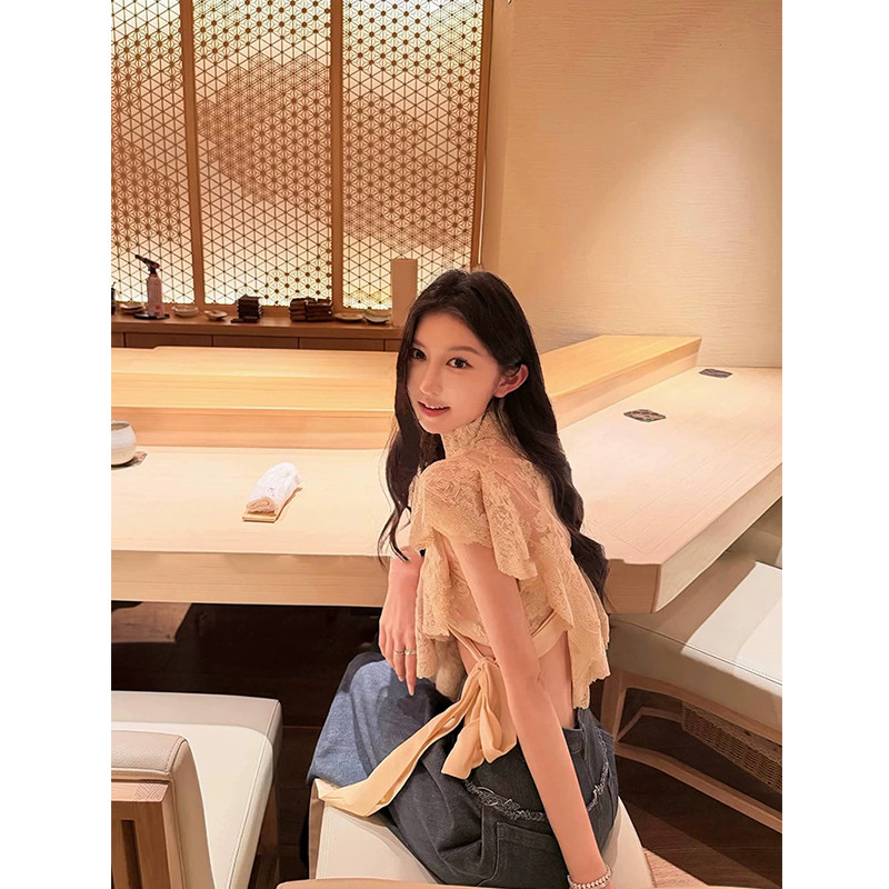 XZY 微胖纯欲气质荷叶花边蕾丝衬衫女26年夏季名媛性感系带短上衣