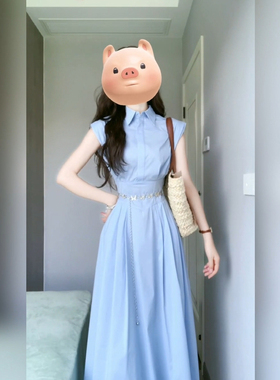 XZY/欣争艳 胖mm法式气质蓝色衬衫无袖连衣裙女夏高级感收腰长裙