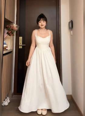 XZY/欣争艳 胖mm法式气质白色吊带连衣裙女夏季甜美茶歇显瘦长裙