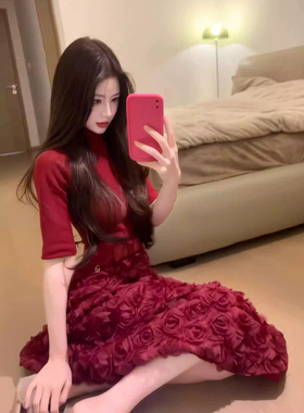 XZY 微胖法式优雅红色玫瑰拼接连衣裙女26年春季气质收腰礼服裙子