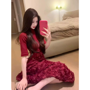 XZY 微胖法式优雅红色玫瑰拼接连衣裙女26年春季气质收腰礼服裙子