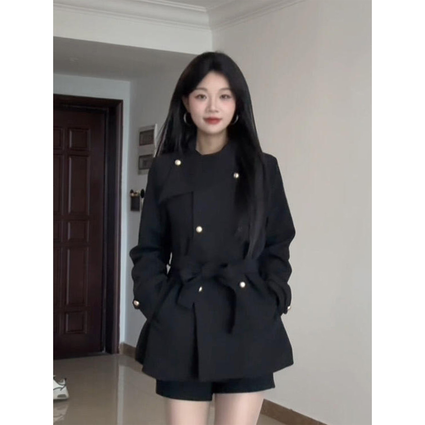 XZY 微胖赫本风高级感黑色风衣外套女25年秋季绑带收腰显瘦大衣