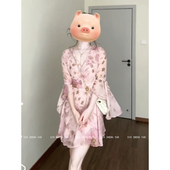 欣争艳 微胖法式 气质V领印花连衣裙女25年夏季 XZY 仙气喇叭袖 短裙