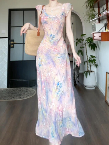 法式莫奈油画碎花飞飞袖连衣裙
