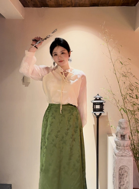XZY 微胖新中式立领绣花系带长袖衬衫女25年夏季复古绿色半裙套装