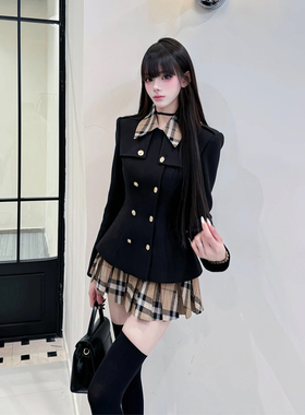 XZY 微胖韩系千金风撞色毛呢西装外套女25年冬季高腰百褶裙两件套