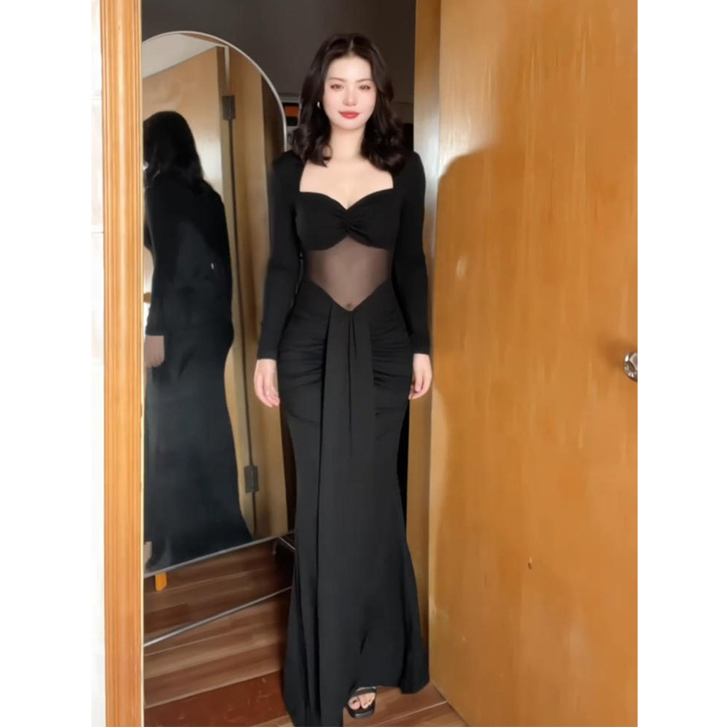 XZY 微胖御姐风气质透视网纱长袖连衣裙女25年冬季修身显瘦鱼尾裙,女装/女士精品,大码连衣裙,淘宝优惠券,粉丝福利购,淘宝优惠卷