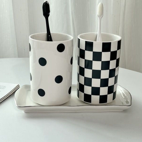 黑白波点漱口杯情侣对杯刷牙杯洗漱卫生间牙具杯洗漱杯带托盘套装