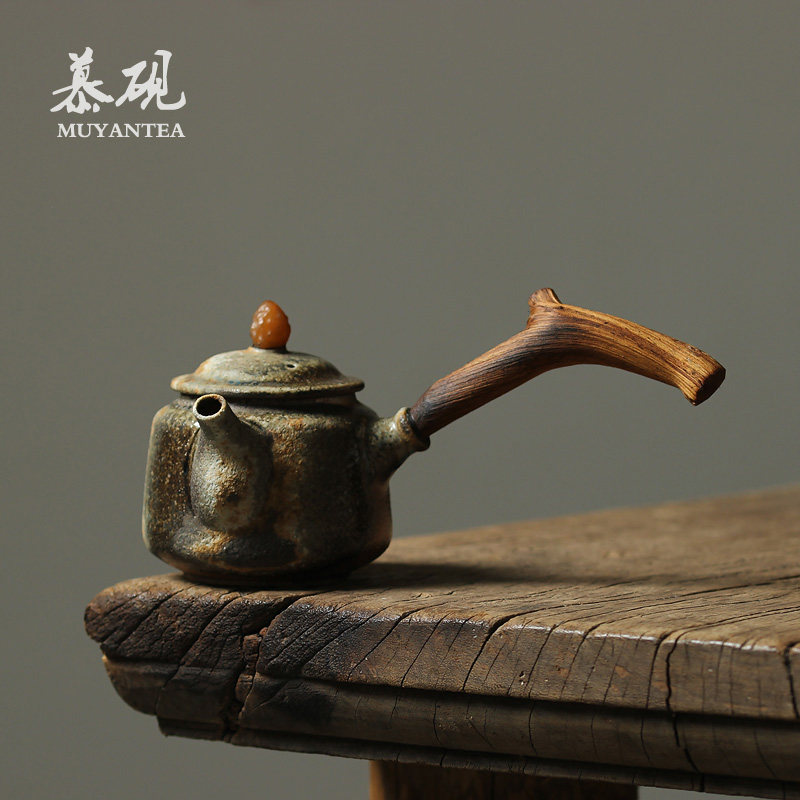 慕砚 柴烧侧把茶壶 纯手工自然落灰陶瓷功夫茶具玛瑙实木创意单壶