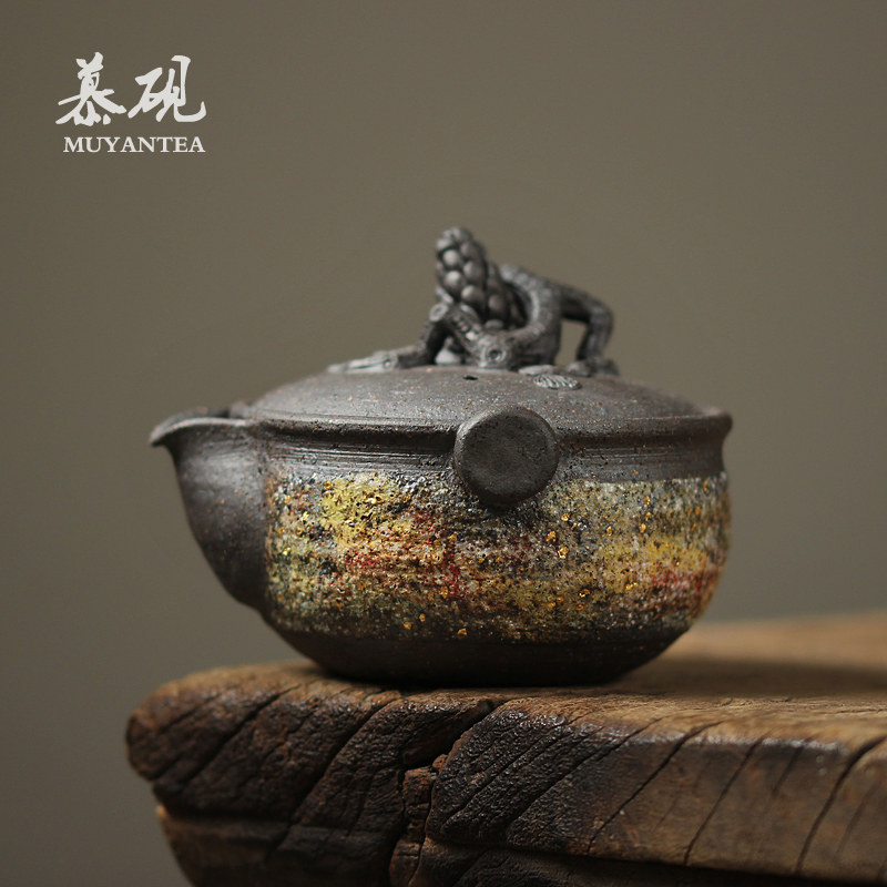 慕砚 岩矿斑斓宝瓶壶 日式纯手工松果茶道小茶壶粗陶盖碗手抓泡壶