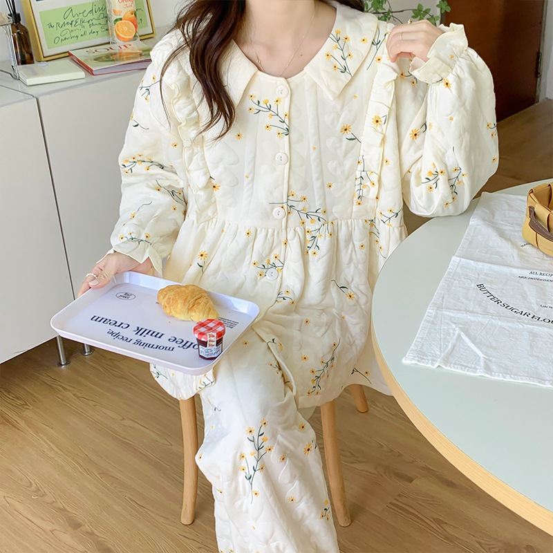 秋冬哺乳期孕期夹棉层碎花月子服