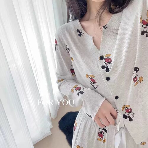 孕妇纯棉带胸垫米奇卡通哺乳睡衣